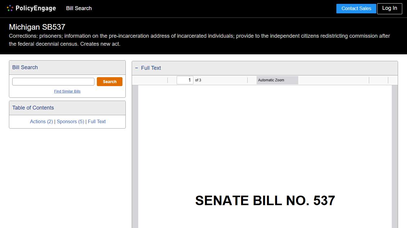 SB537 Michigan 2025-2026 Corrections: prisoners; information on the pre-incarceration address of incarcerated individuals; provide to the independent citizens redistricting commission after the federal decennial census. Creates new act. - Legislative Tracking PolicyEngage